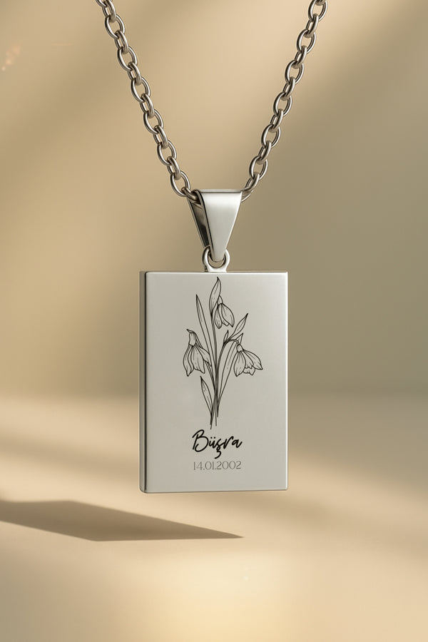 Doğum Ayı Çiçeği Dikdörtgen | 316L Çelik Kolye - silver / ocak