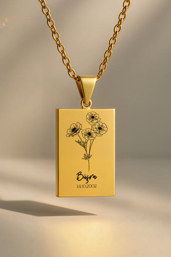 Doğum Ayı Çiçeği Dikdörtgen | 316L Çelik Kolye - gold / ekim