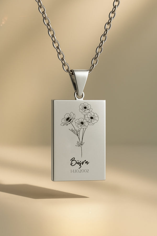 Doğum Ayı Çiçeği Dikdörtgen | 316L Çelik Kolye - silver / ekim