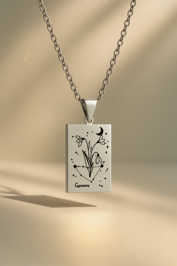 Doğum Ayı Burç Çiçeği | 316L Çelik Kolye - Gümüş / Oğlak