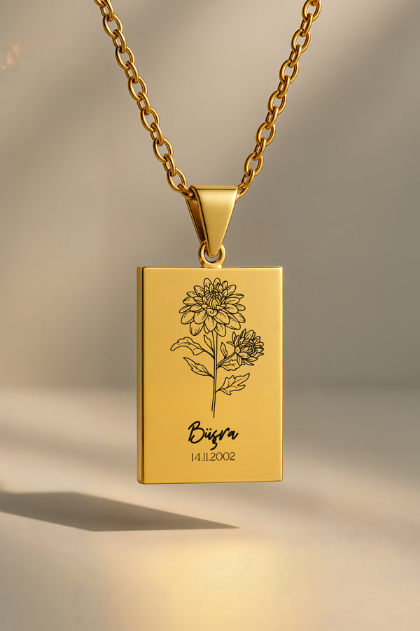 Doğum Ayı Çiçeği Dikdörtgen | 316L Çelik Kolye - gold / kasim