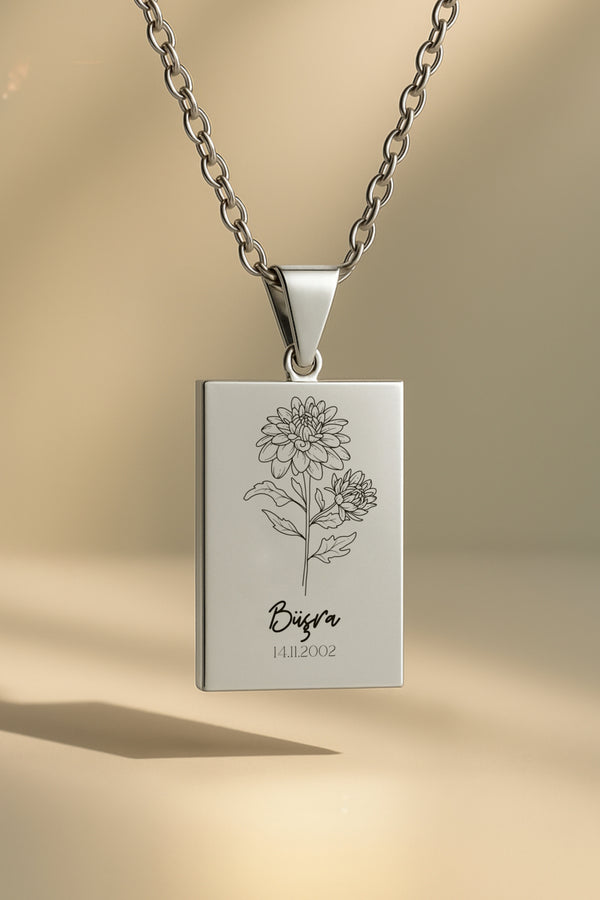 Doğum Ayı Çiçeği Dikdörtgen | 316L Çelik Kolye - silver / kasim