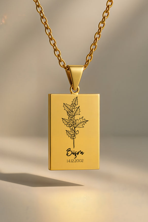 Doğum Ayı Çiçeği Dikdörtgen | 316L Çelik Kolye - gold / aralik