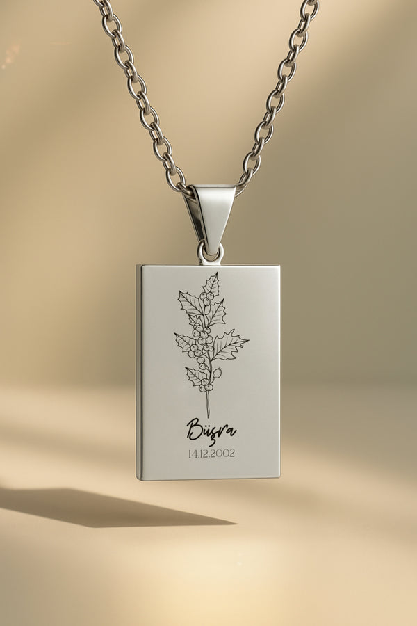 Doğum Ayı Çiçeği Dikdörtgen | 316L Çelik Kolye - silver / aralik