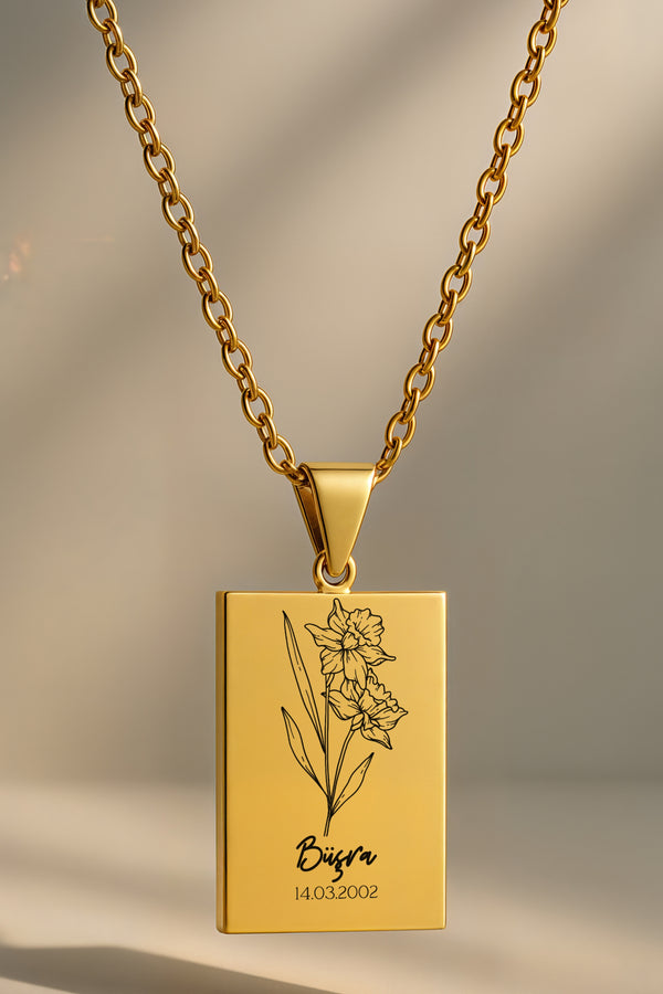 Doğum Ayı Çiçeği Dikdörtgen | 316L Çelik Kolye - gold / mart