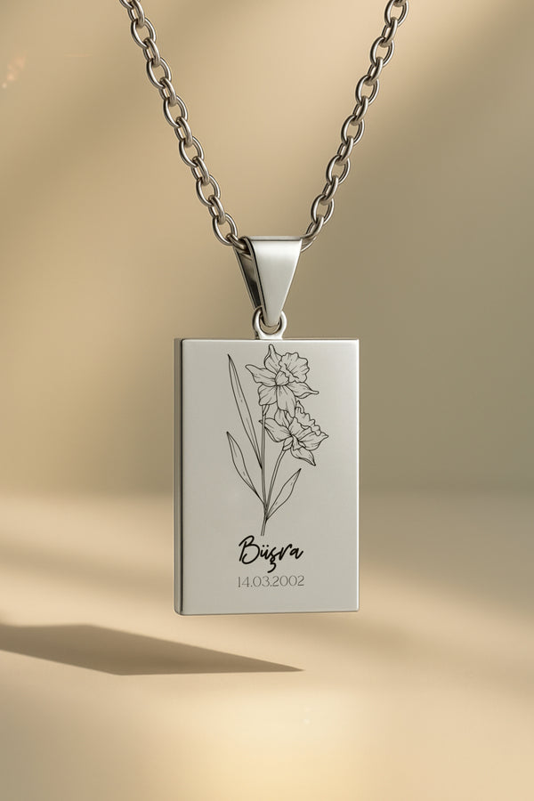 Doğum Ayı Çiçeği Dikdörtgen | 316L Çelik Kolye - silver / mart