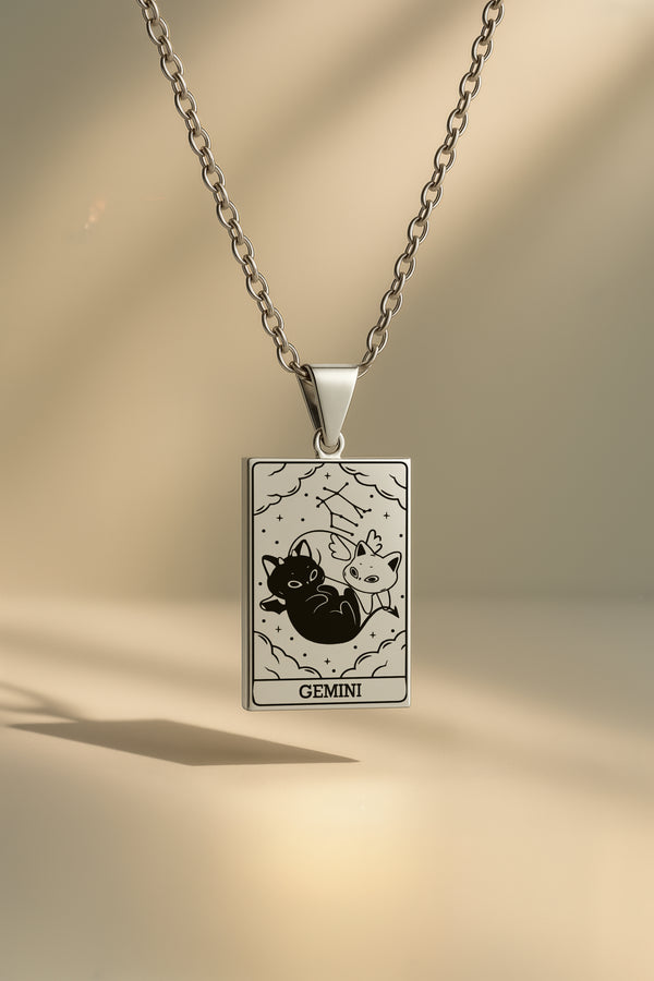 Kedi Burç | 316L Çelik Kolye - Gümüş / İkizler