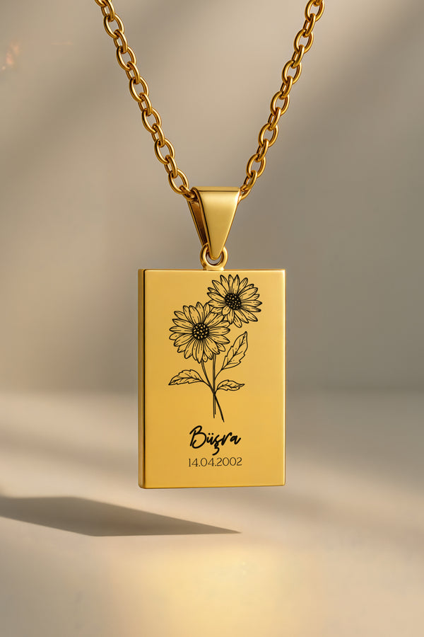 Doğum Ayı Çiçeği Dikdörtgen | 316L Çelik Kolye - gold / nisan