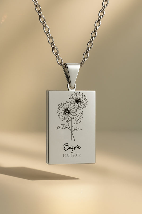 Doğum Ayı Çiçeği Dikdörtgen | 316L Çelik Kolye - silver / nisan