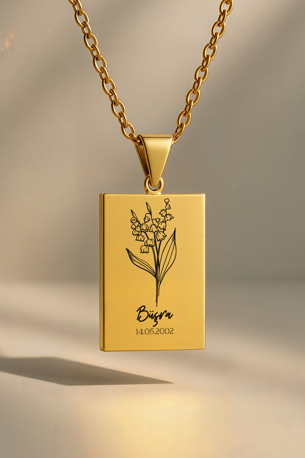 Doğum Ayı Çiçeği Dikdörtgen | 316L Çelik Kolye - gold / mayis