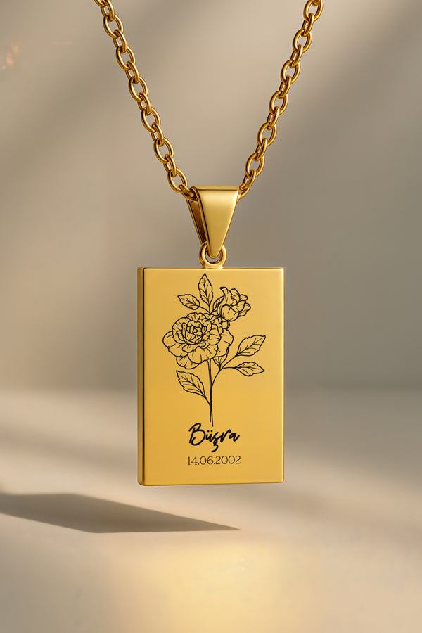 Doğum Ayı Çiçeği Dikdörtgen | 316L Çelik Kolye - gold / haziran