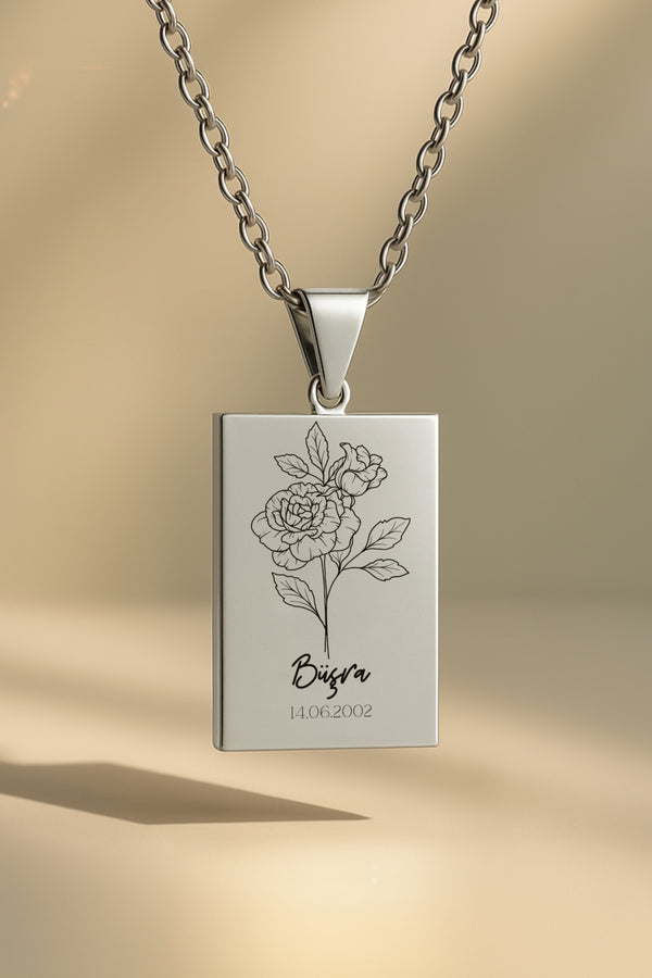 Doğum Ayı Çiçeği Dikdörtgen | 316L Çelik Kolye - silver / haziran