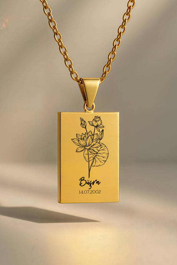 Doğum Ayı Çiçeği Dikdörtgen | 316L Çelik Kolye - gold / temmuz