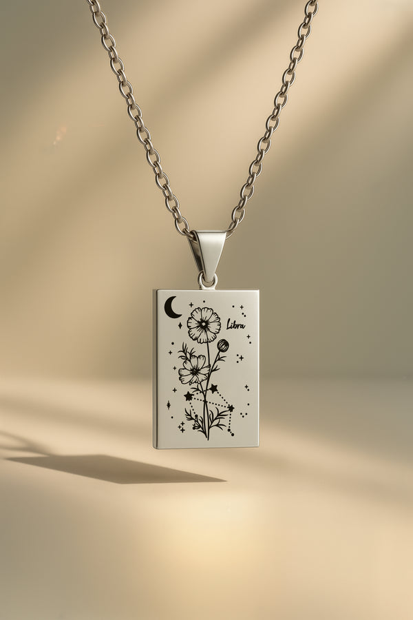 Doğum Ayı Burç Çiçeği | 316L Çelik Kolye - Gümüş / Terazi