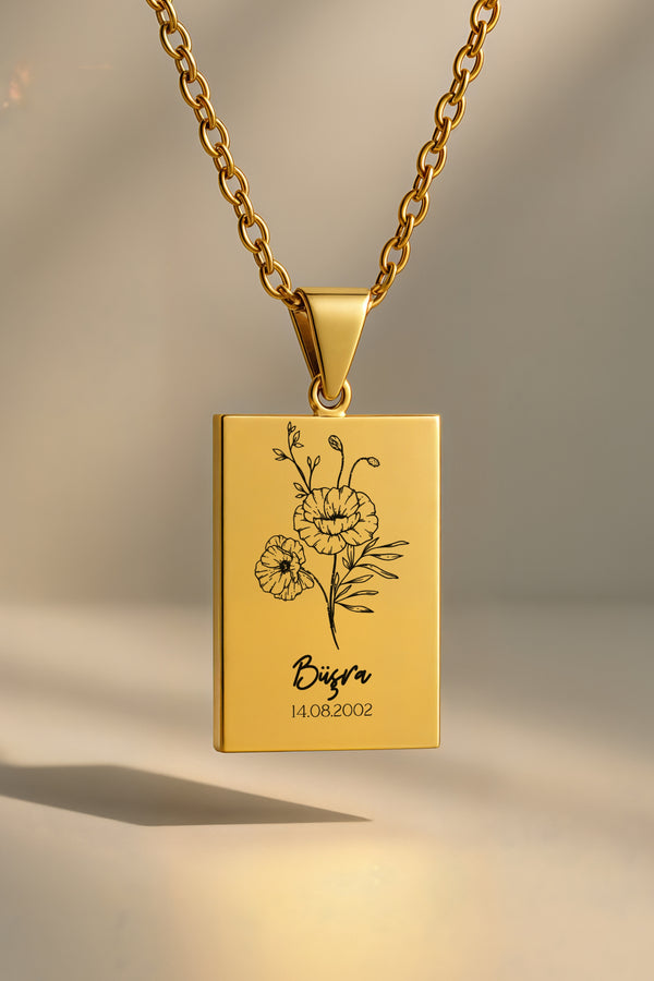 Doğum Ayı Çiçeği Dikdörtgen | 316L Çelik Kolye - gold / agustos