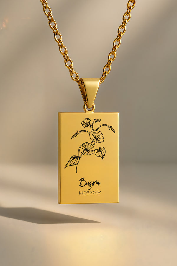 Doğum Ayı Çiçeği Dikdörtgen | 316L Çelik Kolye - gold / eylul