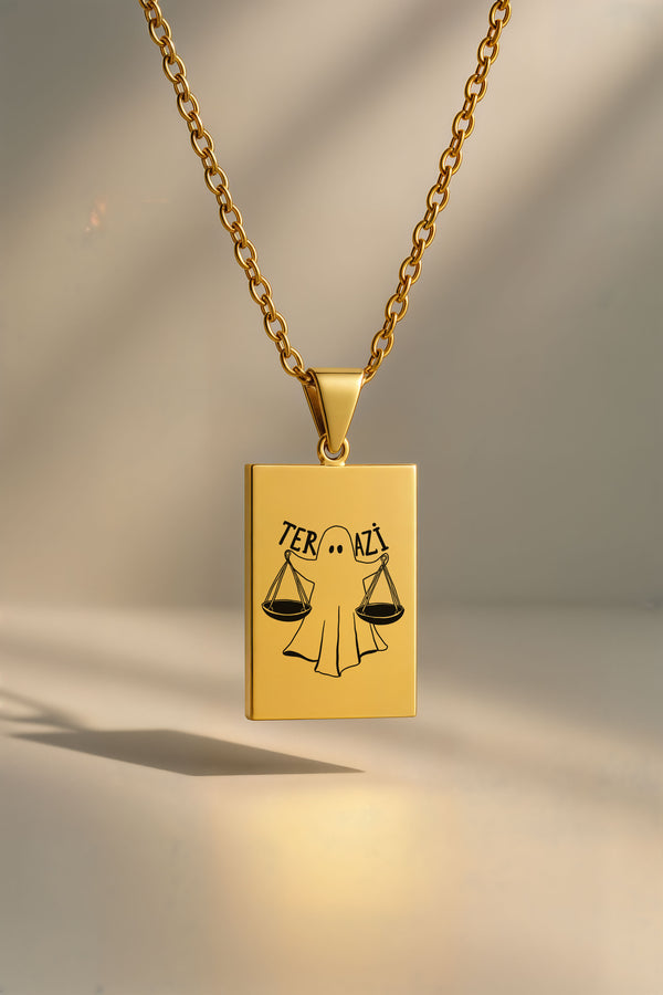 Sevimli Hayalet Burç | 316L Çelik Kolye - Altın / Terazi