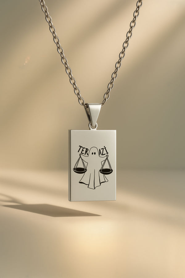 Sevimli Hayalet Burç | 316L Çelik Kolye - Gümüş / Terazi