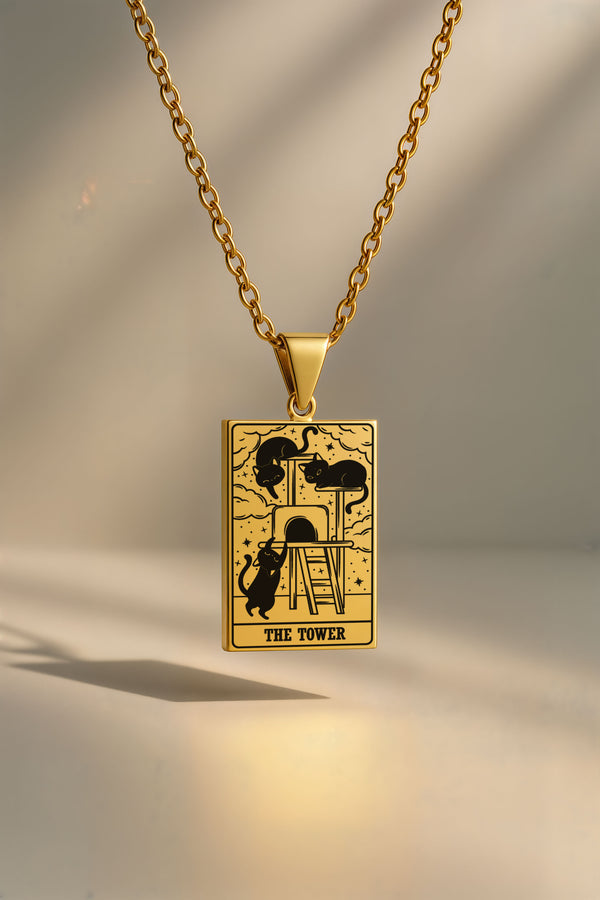Kedi Tarot | 316L Çelik Kolye - gold / the-tower
