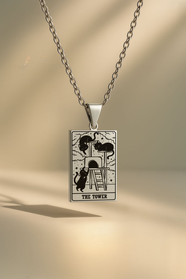 Kedi Tarot | 316L Çelik Kolye - silver / the-tower