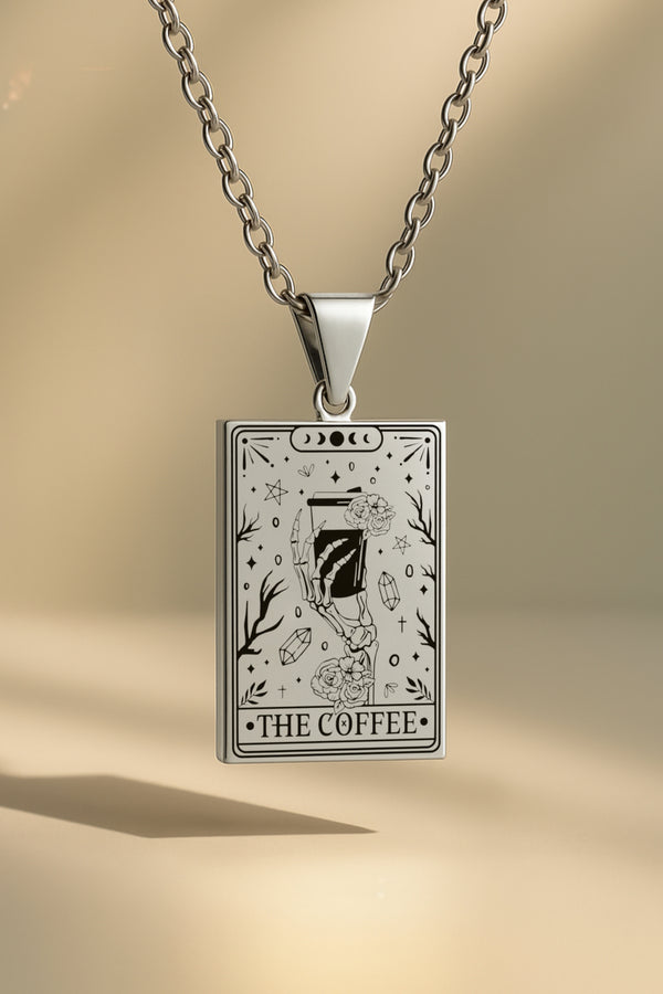 İskelet The Coffee - Kahve Tarot | 316L Çelik Kolye - Gümüş